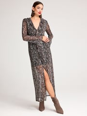 Brown Snake Print Long Sleeve Mesh Ruffle Maxi Dress - Image 1 of 6