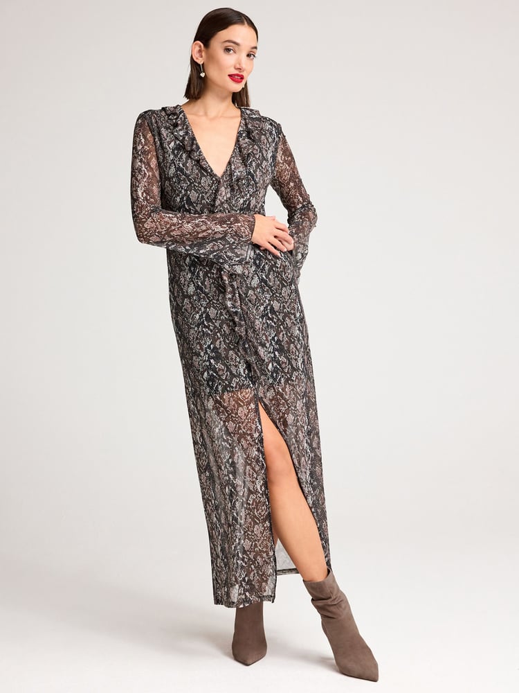 Brown Snake Print Long Sleeve Mesh Ruffle Maxi Dress - Image 1 of 6