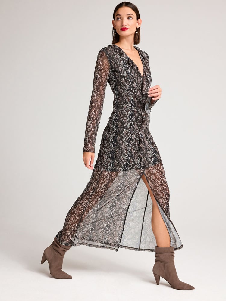 Brown Snake Print Long Sleeve Mesh Ruffle Maxi Dress - Image 2 of 6