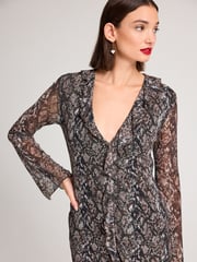 Brown Snake Print Long Sleeve Mesh Ruffle Maxi Dress - Image 4 of 6