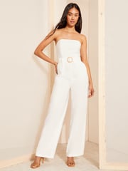 Friends Like These White Petite Bandaeau Linen Look Raffia Belted Jumpsuit - Image 3 of 4