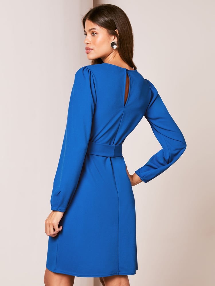 Lipsy Blue Long Sleeve Round Neck Tie Waist Shift Dress - Image 2 of 4 Lipsy Blue Long Sleeve Round Neck Tie Waist Shift Dress - Image 2 of 4