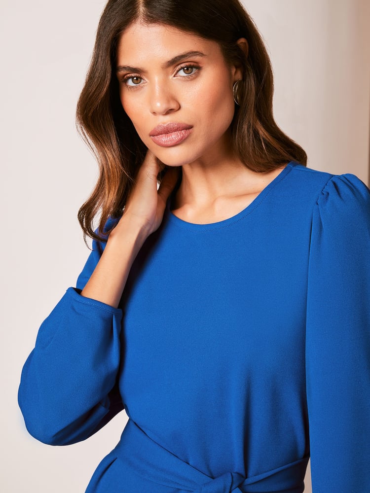 Lipsy Blue Long Sleeve Round Neck Tie Waist Shift Dress - Image 4 of 4 Lipsy Blue Long Sleeve Round Neck Tie Waist Shift Dress - Image 4 of 4