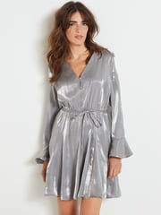 Silver Metallic Long Flutter Sleeve Mini Dress - Image 1 of 6