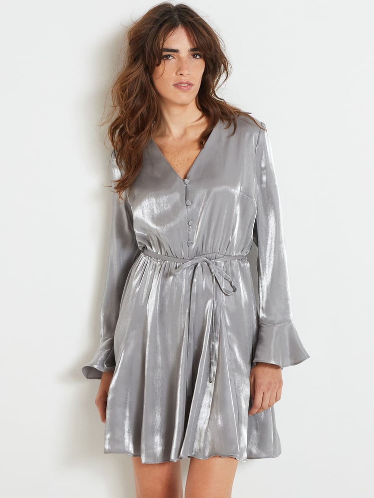 Silver Metallic Long Flutter Sleeve Mini Dress - Image 1 of 6