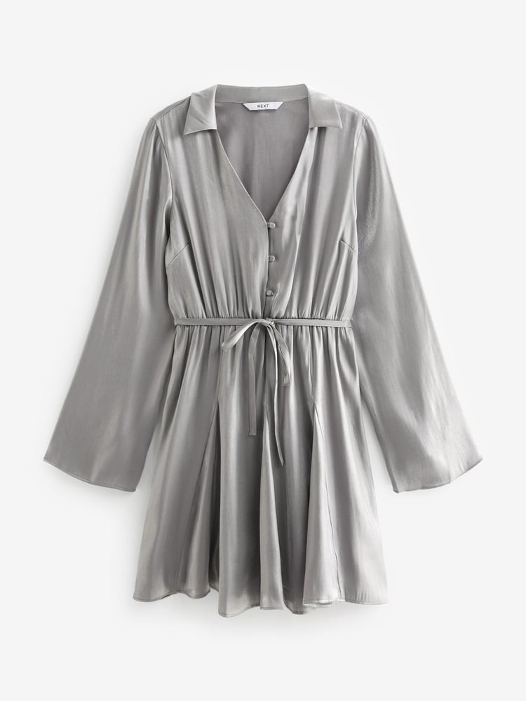 Silver Metallic Long Flutter Sleeve Mini Dress - Image 2 of 6