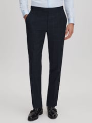 Reiss Navy Klink Wool Check Adjuster Slim Fit Trousers - Image 1 of 6
