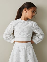 Reiss Ivory Nella 9-13 yrs Cotton Broderie Lace Bow Back Top - Image 1 of 6
