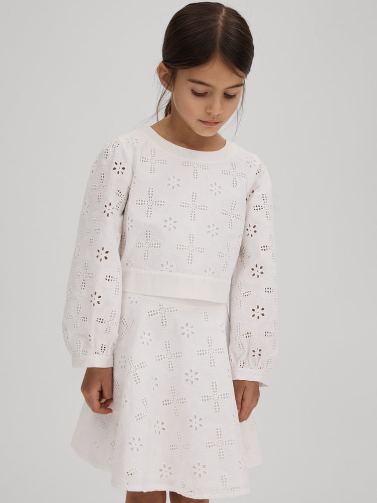 Reiss Ivory Nella 9-13 yrs Cotton Broderie Lace Bow Back Top - Image 6 of 6