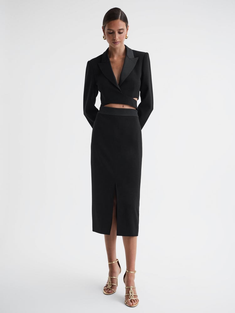 Reiss Black Quinn Satin Fitted Midi Skirt - Image 1 of 4