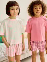 Pink/Cream Woven Check 100% Cotton Pyjamas 2 Pack (3-16yrs) - Image 1 of 9