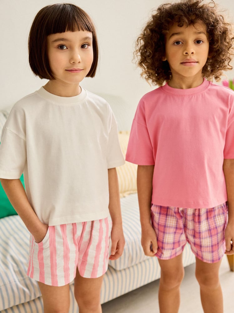 Pink/Cream Woven Check 100% Cotton Pyjamas 2 Pack (3-16yrs) - Image 1 of 9