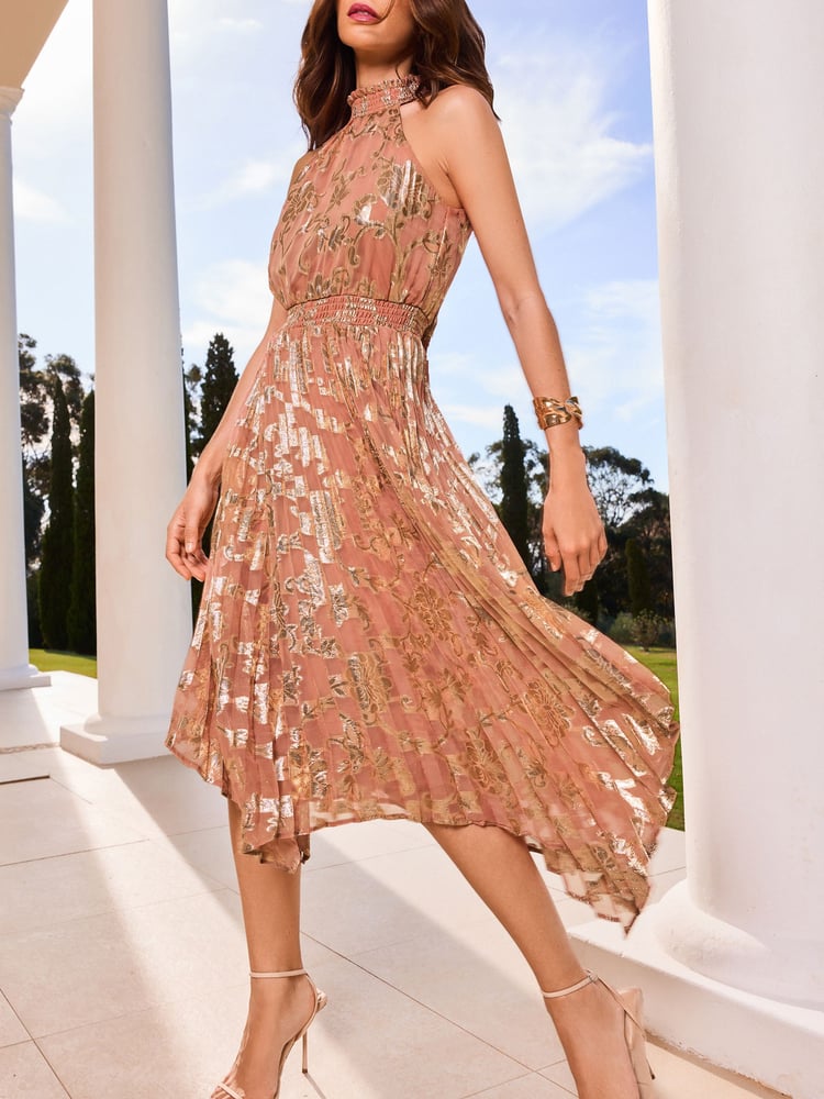 Lipsy Pink Halter Pleated Metallic Midi Dress - Image 2 of 4