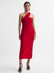 Reiss Red Abbey Velvet One-Shoulder Midi Dress - Image 1 of 4