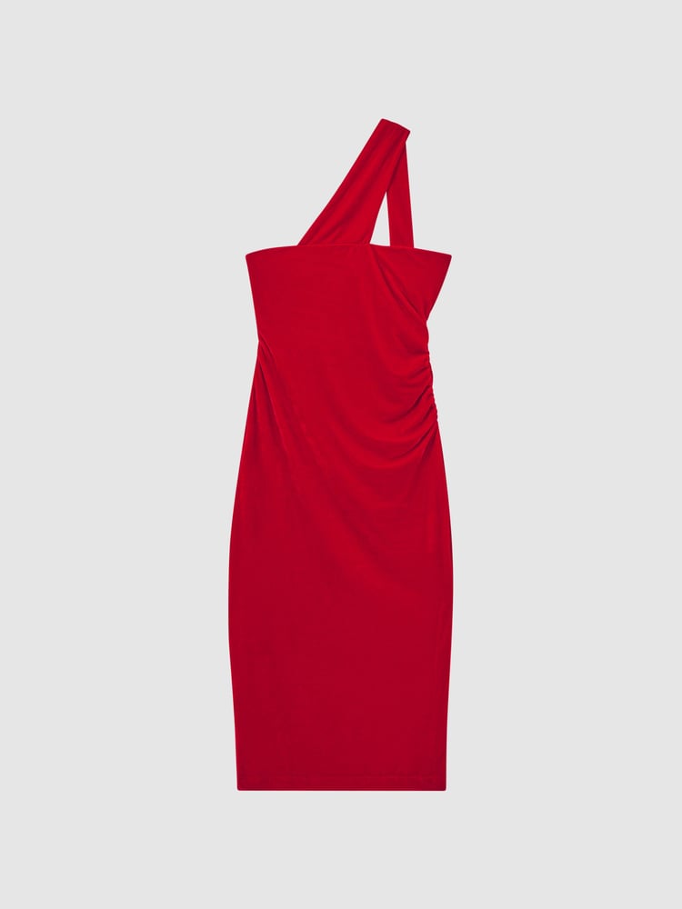 Reiss Red Abbey Velvet One-Shoulder Midi Dress - Image 2 of 4