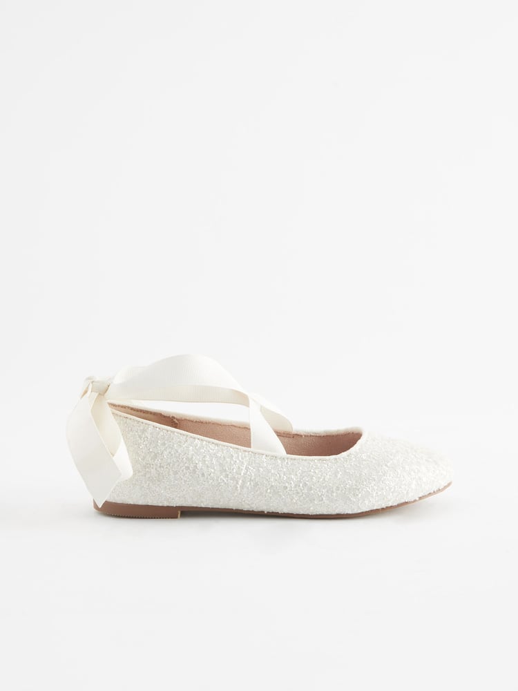 White Glitter Tie Ballerina Occasion Shoes - Image 2 of 5