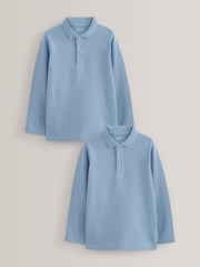 Blue 100% Cotton Long Sleeve School Polo Shirts 2 Pack (3-16yrs) - Image 1 of 7