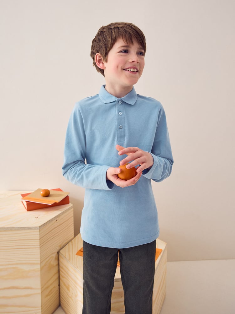 Blue 100% Cotton Long Sleeve School Polo Shirts 2 Pack (3-16yrs) - Image 2 of 7