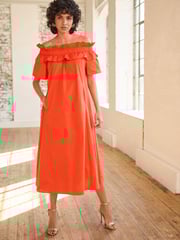 Orange Bardot Frill Midi Poplin Dress - Image 1 of 4