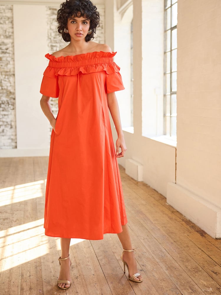 Orange Bardot Frill Midi Poplin Dress - Image 1 of 4