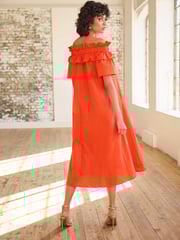 Orange Bardot Frill Midi Poplin Dress - Image 2 of 4