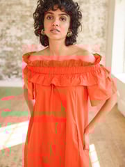 Orange Bardot Frill Midi Poplin Dress - Image 3 of 4