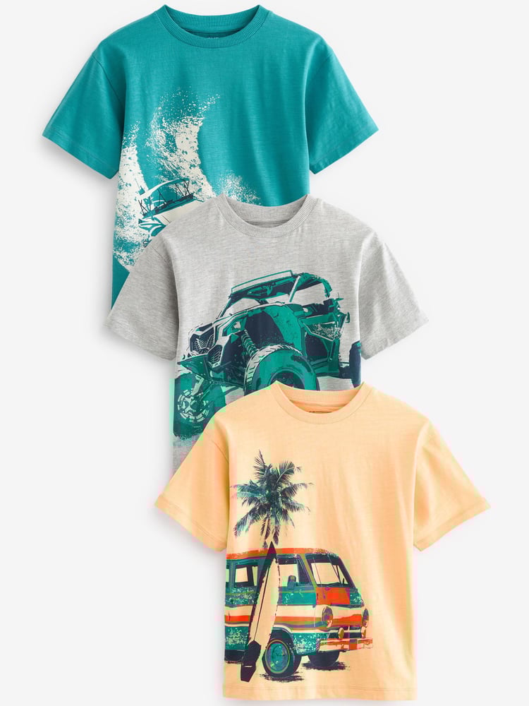 Yellow/ Blue Summer Transport Graphic Relaxed Fit Short Sleeve T-Shirts 3 Pack (3-16yrs) - Image 1 of 5