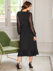Pour Moi Black Carrie Lace Sleeve Midi Slinky Jersey Wrap Dress - Image 2 of 4