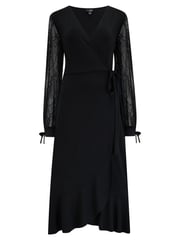 Pour Moi Black Carrie Lace Sleeve Midi Slinky Jersey Wrap Dress - Image 3 of 4