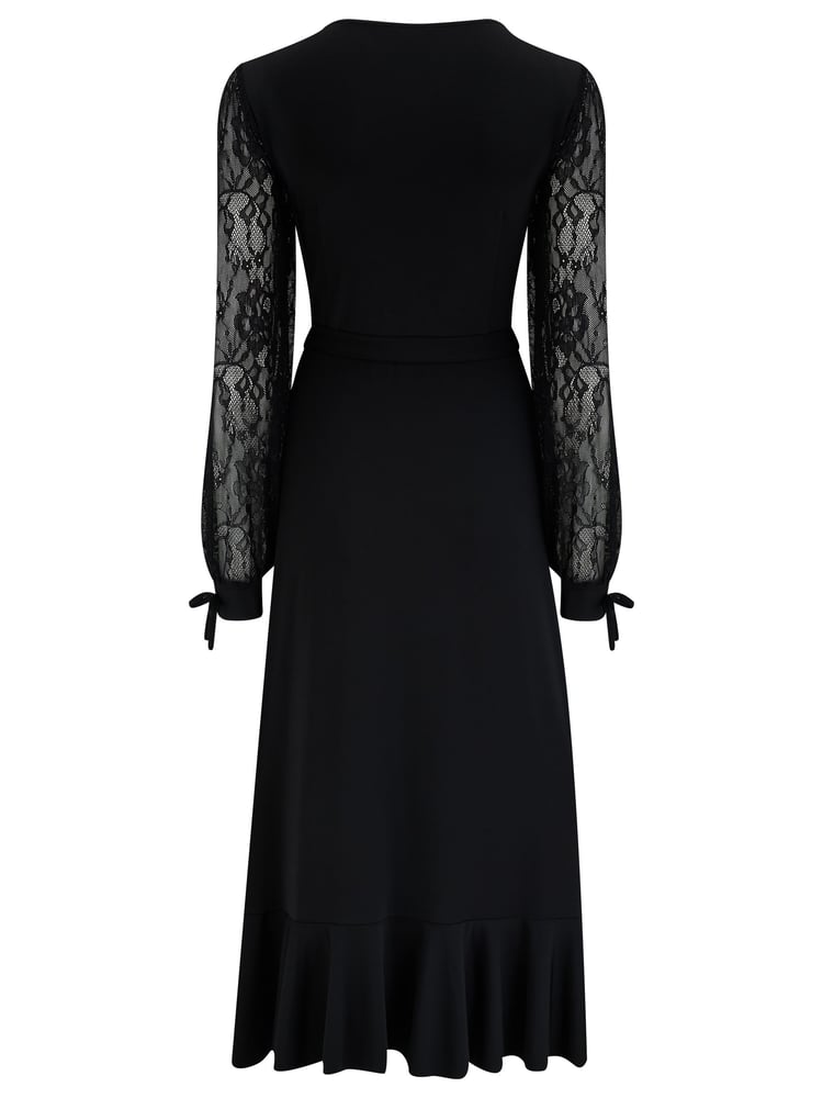 Pour Moi Black Carrie Lace Sleeve Midi Slinky Jersey Wrap Dress - Image 4 of 4