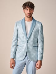 Light Blue Slim Fit Satin Jacquard Blazer - Image 1 of 10