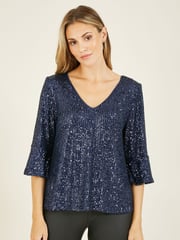 Yumi Blue Sequin Top With Fluted Sleeve - Image 1 of 5