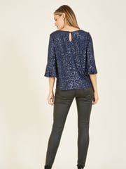 Yumi Blue Sequin Top With Fluted Sleeve - Image 2 of 5