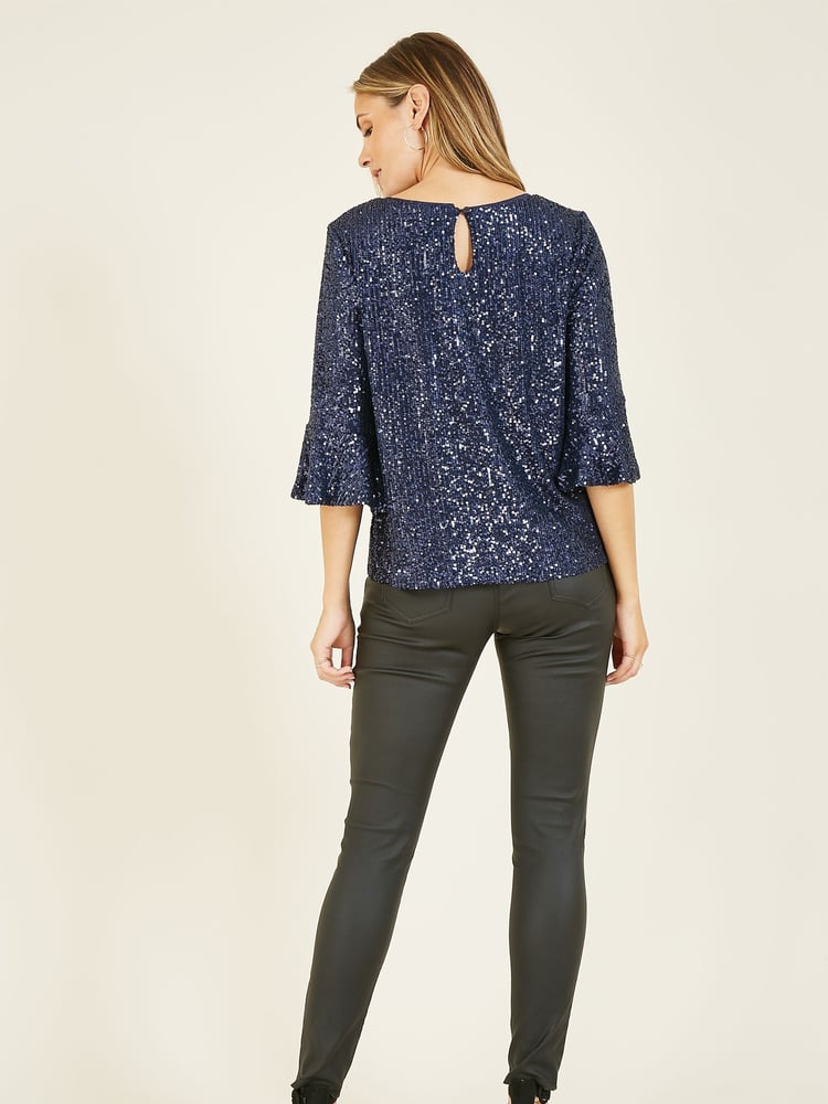 Yumi Blue Sequin Top With Fluted Sleeve - Image 2 of 5