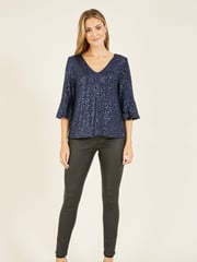 Yumi Blue Sequin Top With Fluted Sleeve - Image 3 of 5