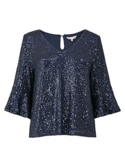 Yumi Blue Sequin Top With Fluted Sleeve - Image 5 of 5