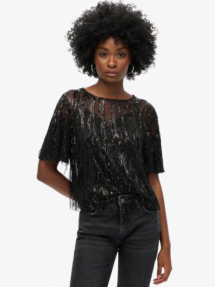 Superdry Black Sheer Short Sleeve Sequin Top - Image 1 of 5