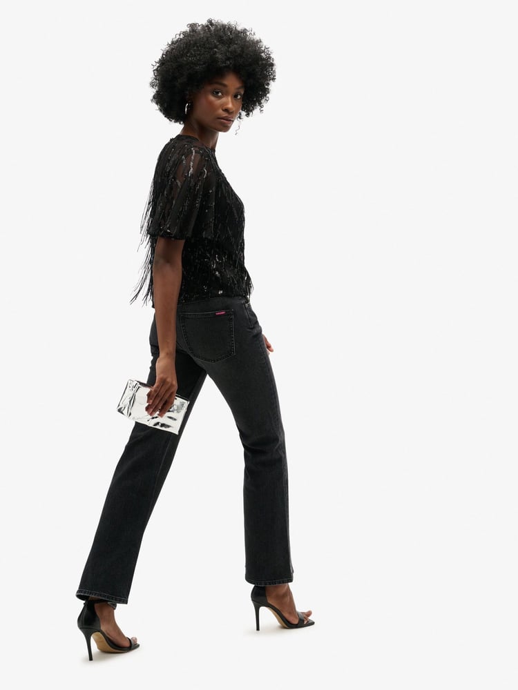 Superdry Black Sheer Short Sleeve Sequin Top - Image 2 of 5