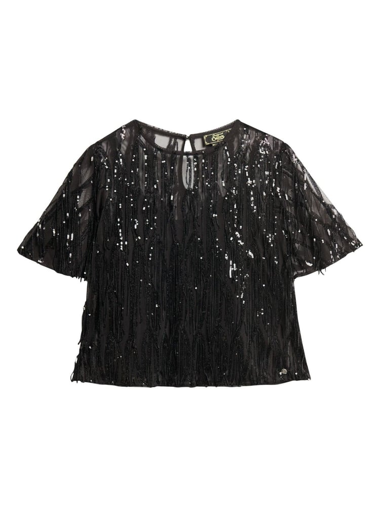 Superdry Black Sheer Short Sleeve Sequin Top - Image 5 of 5