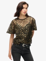 Superdry Gold Sheer Short Sleeve Sequin Top - Image 1 of 5