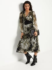 Ecru Floral Print Long Sleeve Sheer Layer Midi Dress - Image 1 of 6