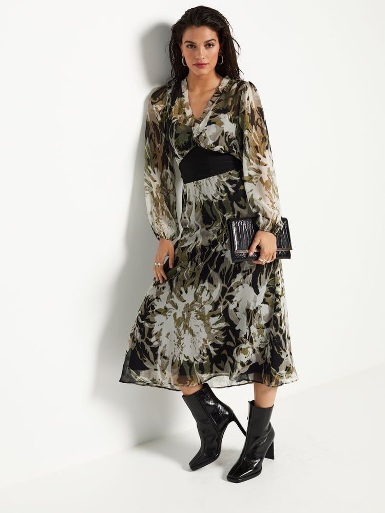 Ecru Floral Print Long Sleeve Sheer Layer Midi Dress - Image 1 of 6
