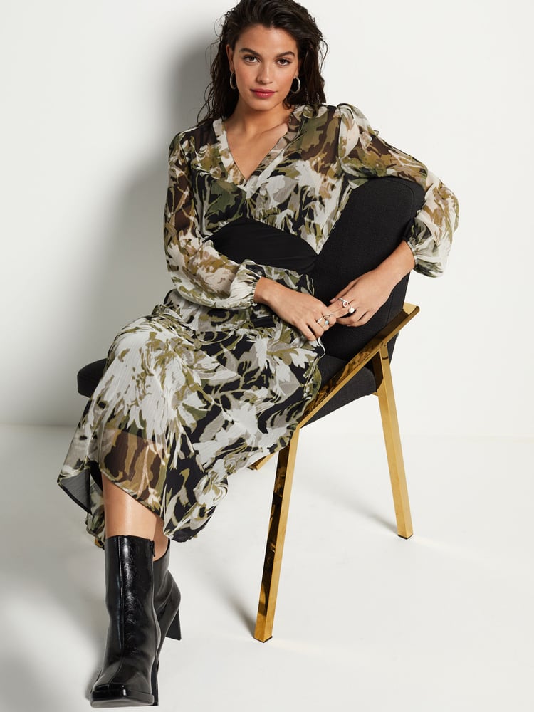 Ecru Floral Print Long Sleeve Sheer Layer Midi Dress - Image 2 of 6