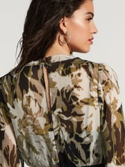 Ecru Floral Print Long Sleeve Sheer Layer Midi Dress - Image 4 of 6