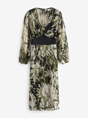 Ecru Floral Print Long Sleeve Sheer Layer Midi Dress - Image 5 of 6