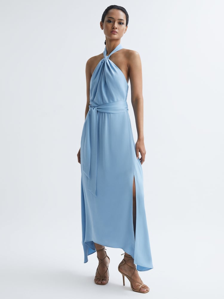 Reiss Blue Evelyn Fitted Halter Neck Midi Dress - Image 1 of 7
