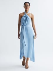 Reiss Blue Evelyn Fitted Halter Neck Midi Dress - Image 3 of 7