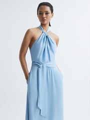 Reiss Blue Evelyn Fitted Halter Neck Midi Dress - Image 7 of 7