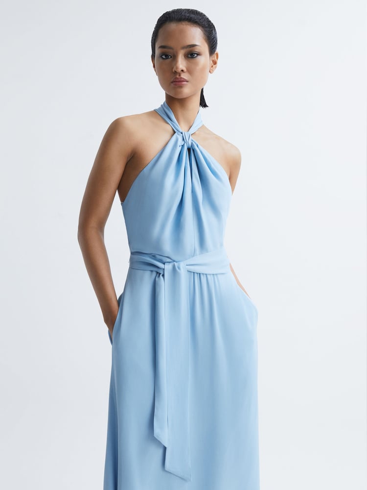 Reiss Blue Evelyn Fitted Halter Neck Midi Dress - Image 7 of 7