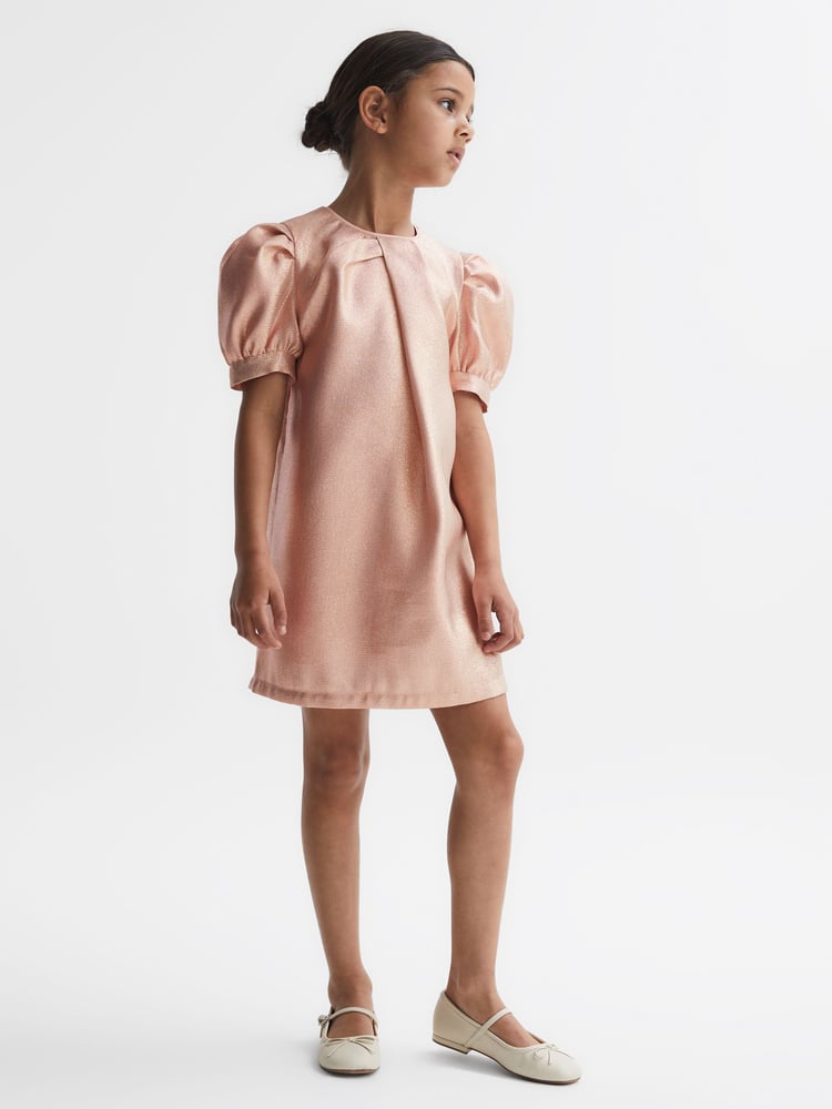 Reiss Pink Lexi 9-14 yrs Metallic Puff Sleeve Dress - Image 1 of 6